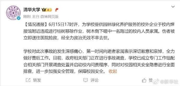 鸿满仓 清华大学回应女教授被树砸身亡